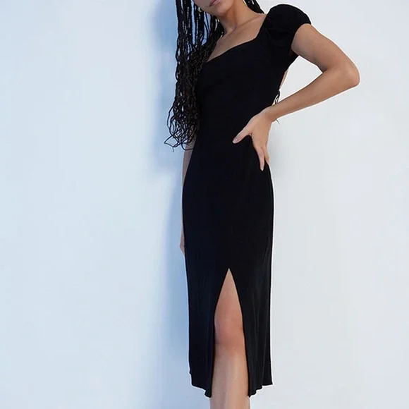 PacSun Black Sheath Midi Dress with Puff Sleeves - Picture 3 of 3